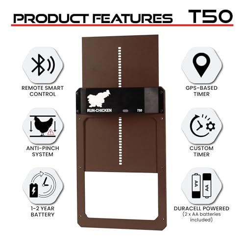 RUN-CHICKEN Door T50 – Automatic Chicken Coop Door Opener, Battery Powered & Weatherproof Aluminum, Smart App & Timer Control, Predator Proof, Easy Install, Reliable All-Season Performance (Brown)
