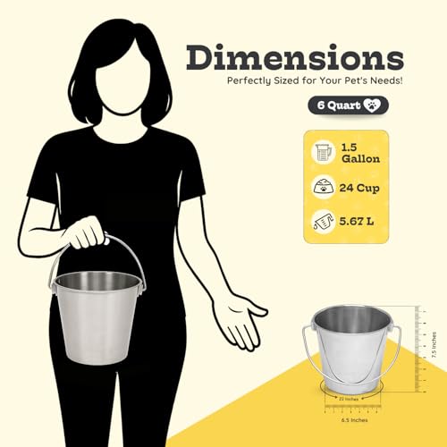 6Qt Stainless Steel Hanging Water Bucket for Dog Kennel 2-Pack | Food & Water Pail, 1.5 Gallon Capacity, Heavy-Duty, Round Design with Carry Handle, Ideal for Dog, Cats, Goats & farm animals - size: 6 Quart (Pack of 2)