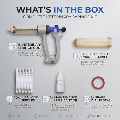 Danbark 50ml Semi-Automatic Livestock Syringe Kit, Metal Adjustable Dose Repeater,UV Resistant Barrel, Ergonomic Grip Handle, for Cattle and Goats