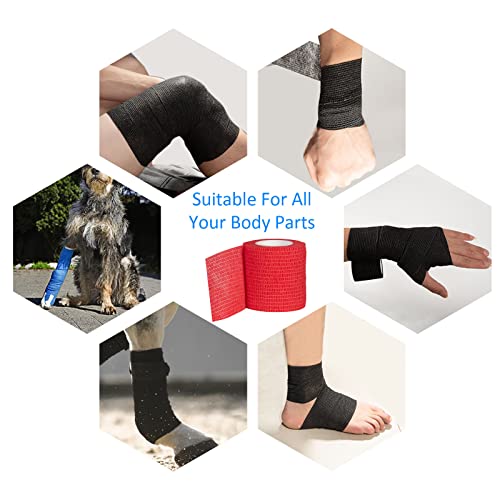 12Pcs 2”x 5 Yards Self Adhesive Bandage Wrap Elastic Bandage Wrap Self Adherent Cohesive Wrap Bandages for Wrist Ankle Vet Tape for Dogs Athletic Swelling Sprains Tape Grip Cover (Red) | Self Adherent Cohesive Wrap Bandages for Wrist Ankle Vet Tape for Do
