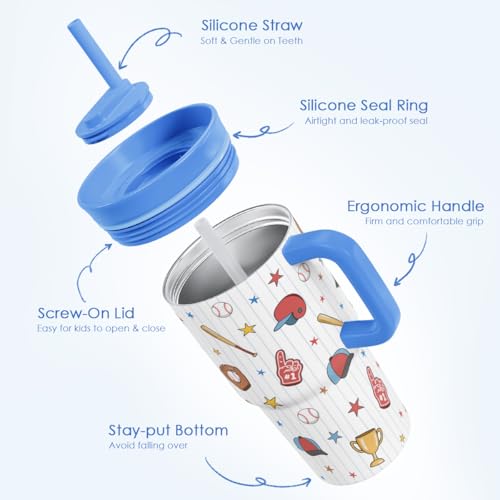SANDJEST Baseball Stainless Steel Tumbler 20oz with Handle and Silicone Straw Locking Lid for Kids Boys Girls, Birthday Christmas Back to School - color: Baseball