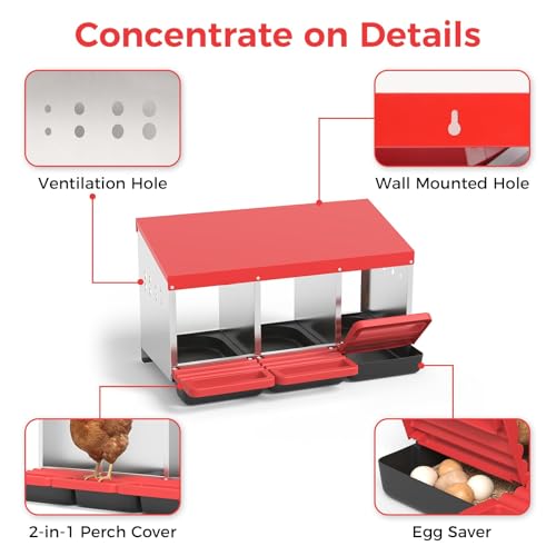3-Compartment Chicken Nesting Box, Heavy Duty Galvanized Steel Poultry Nest Box, Wall Mount/Freestanding Design for Hens, Ducks, Backyard Homesteads & Farm Use, Red, with Soft Mats, No Stand - color: Red, size: 3 Room&Mat Board