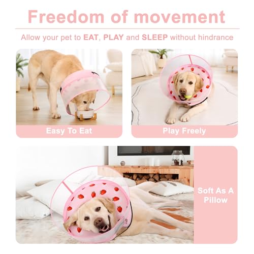 Inflatable Dog Cone Collar for Large Medium Small Dogs, Soft Dog Donut Collar Adjustable Recovery Cone for Pets After Surgery, Extra Enhanced Anti-Licking Guard Shield (Strawberry Print, Medium) - color: Strawberry Print, size: Medium