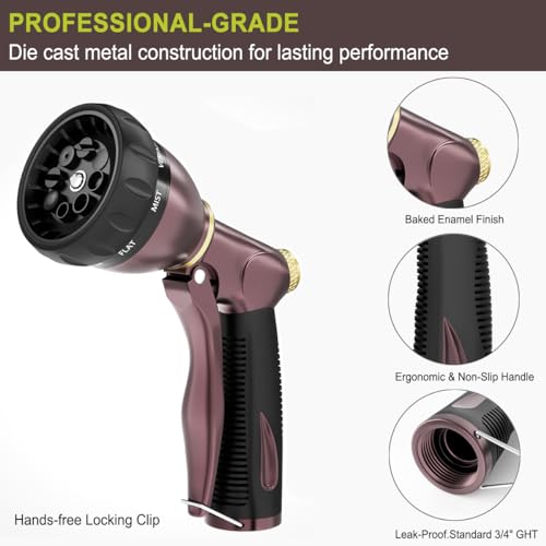FANHAO Metal Water Hose Nozzle Heavy Duty, 8 Spray Patterns, High Pressure | Comfortable Non-Slip Handle, Hands-Free Lock, Rustproof Leak Proof Hose Sprayer Nozzle for Watering Plant, Car & Pet Washing - color: Bronze