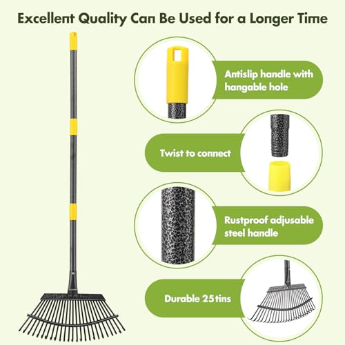 Rake for Leaves, Heavy Duty Leaf Rakes for Lawns & Yard - 79” Adjustable Long Handle 18” Width 25 Metal Tines - Gardening Rake for Adults Kids for Shrub,Grass,Mulch - style: 25 Tines 6FT