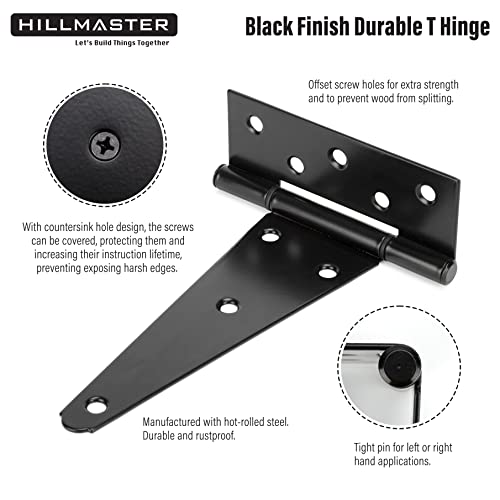 HILLMASTER 10 Inch T-Strap Heavy Duty Shed Door Hinges Gate Strap Hinges Black Tee Hinge Wrought Hardware for Wooden Fences,Yard,Barn Door,Rustproof (4 Pack) - size: 10in 4Pack