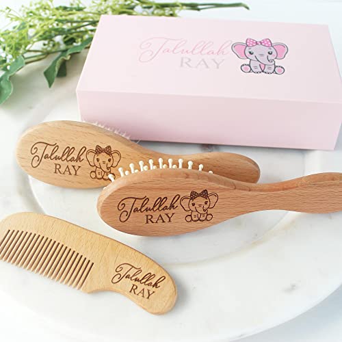Baby Hair Brush | Personalized Baby Gifts | Brush | Wooden Brush Set | Perfect For Cradle Cap | Natural Goat Hair | 3 Piece Set | Elephant Design