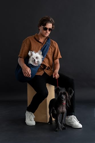Noah & Paw Dog Sling Carrier for Small Dogs 5-18lb, Dog Sling for Small Dogs and Cats, Dog Carrier with Adjustable Padded Strap, Vegan Denim Lined with Fur, 3X Safety Features, Machine Washable - color: Dark Blue, size: 18.0"L x 10.0"W x 5.5"H