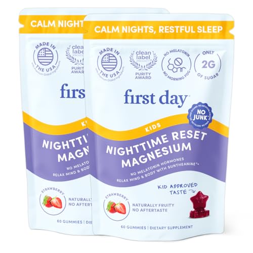 FIRST DAY Magnesium for Kids Gummies – Calm Kids Magnesium Citrate Gummies to Support Sleep & Relaxation – Bedtime Supplement with Suntheanine® L-Theanine, NO Melatonin - Strawberry - 30-Day Supply - size: 120 Count (Pack of 2)