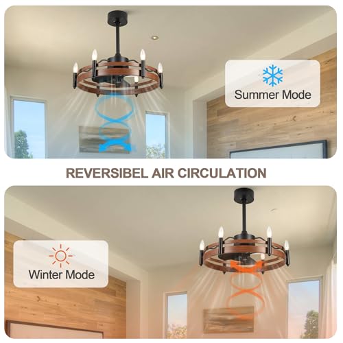 24" Wagon Wheel Chandelier Ceiling Fan with Lights and Remote | 6-Light Rustic Chandelier with Fan, Farmhouse Fandelier for Dining Room Bedroom Living Room, E12 Bulbs Not Included - color: 24" Wagon Wheel