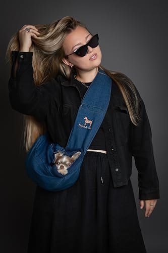 Noah & Paw Dog Sling Carrier for Small Dogs 3-10lb, Dog Sling for Small Dogs and Cats, Dog Carrier with Adjustable Padded Strap, Vegan Denim Lined with Fur, 3X Safety Features, Machine Washable - color: Dark Blue, size: 15.0"L x 6.0"W x 5.5"H