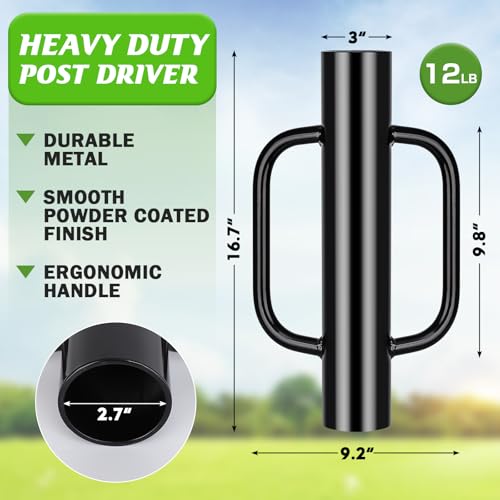Gtongoko 12LB T Post Driver with Handles Heavy Duty Fence Post Driver Post Pounder for T-Posts，U Channel，Metal Post and Sign Post Pole Driver Tool,17 Inch Black - color: Black, size: 12LB