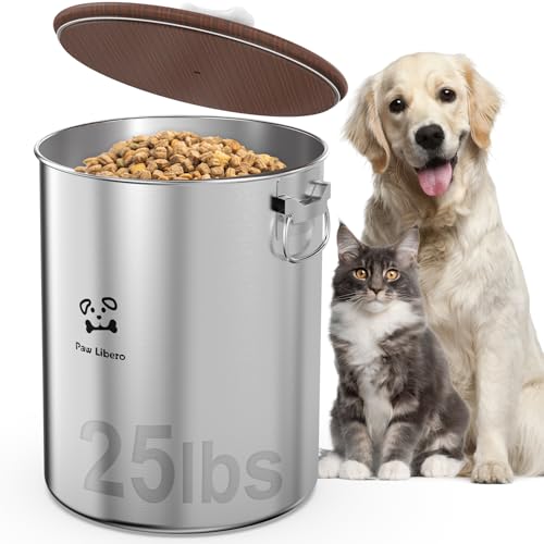 Paw Libero 25 Lbs Stainless Steel Dog Food Storage Container with Airtight Wooden Lid & Ceramic Bone Handle, Large Metal Dog Food Bin for Dogs & Cats, Keep Fresh, Easy to Clean - size: 25 lbs - 1pk