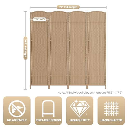 4 Panel Folding Room Divider,Woven Privacy Screen,Light Beige | Solid wood frame, handcrafted diamond pattern, 6FT tall, extends to 63 inches wide, no assembly required - color: Light Beige, size: 4-Panel