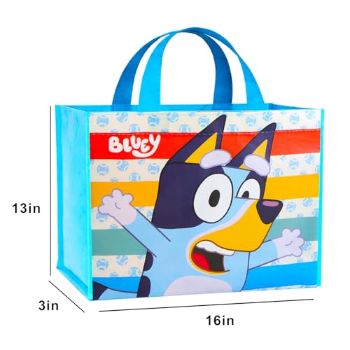 Bluey Tote Bag, Medium Reusable Grocery Bag Bundle for Kids Adults | Bluey 12" Tote Bag for Shopping Groceries Bleach Gift Bags for Boys Girls, Stickers, More