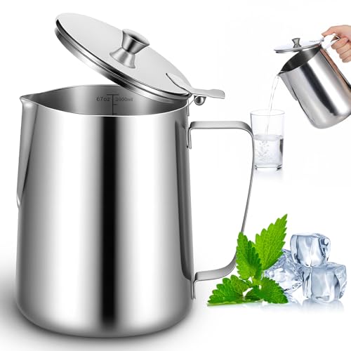 67 oz 304 Stainless Steel Pitcher with Lid, 2 L Large Mouth Graduated Beakers, Large Metal Measuring Cup with Handle, Milk Frothing Jug for Latte Art, Espresso Machines, Iced Tea - size: 67 Ounces