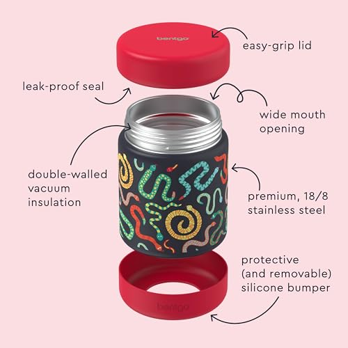 Bentgo Kids Stainless Steel Leak-Proof Food Jar for Hot or Cold Food | 11 fl oz Double Insulated Container with Removable Silicone Bumper, Dishwasher Safe, Easy Open Lid, Ages 3+ (Sssnakes) - color: Sssnakes