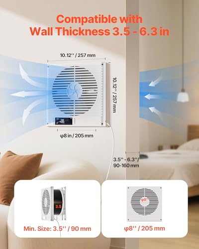 VEVOR Room to Room Fan, Two-Way Airflow Through-the-Wall Fan 8" with Remote, Temperature Control, 305 CFM 10-Speed Ventilation Quiet Vent for Bathroom, Laundry Room and Indoor - size: Dia. 8 inch, 305 CFM