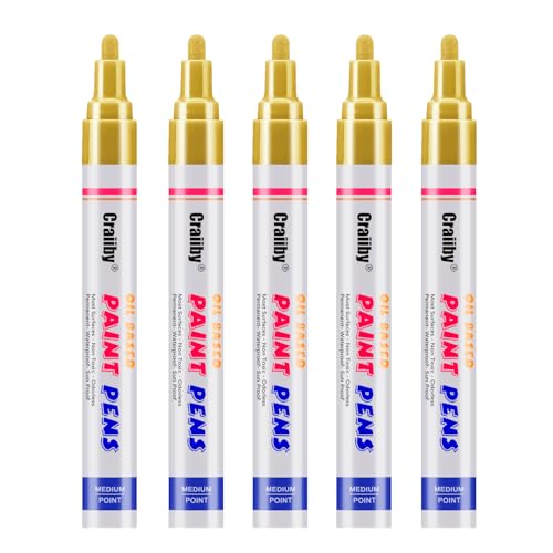 Craiiby Gold Paint Markers, 5 Pack Oil-Based Waterproof Quick Dry Permanent Paint Pen Set for Rocks Painting, Wood, Fabric, Plastic, Canvas, Glass, Mugs, Metal, Tire, Stone, DIY Craft, Copper - color: Gold