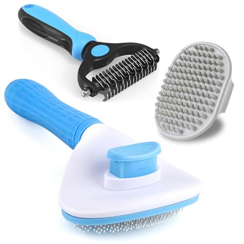 3PCS Dog Grooming Brush - Dog Brush for Shedding Massaging Bathing - Double Sided Shedding, Dematting Undercoat Rake - Self Cleaning Slicker Comb for Dogs and Cats with Long or Short Coats - color: Blue-3Pcs