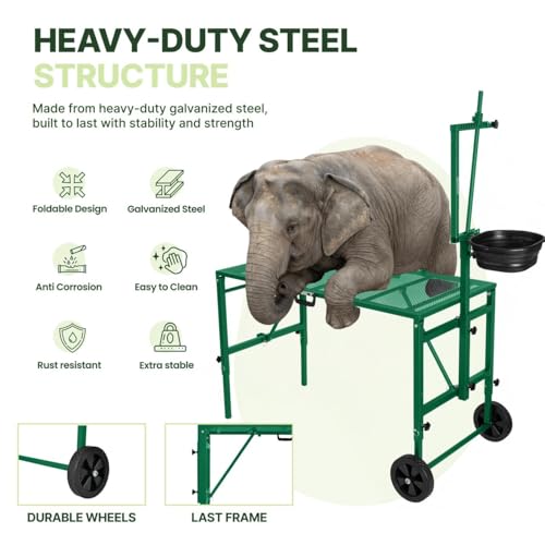 Goat Stand with Adjustable Headpiece & Legs, Goat Milking Stand with Feeder, Rails & Wheels, Stanchion for Grooming & Hoof Trimming, Sheep Stand for Shearing Heavy-Duty Steel Platform, Green - color: GREEN