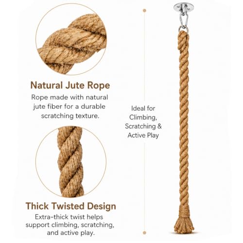 Extra Long 7.9Ft Jute Rope Cat Wall Climber - Heavy Duty Wall Mounted Cat Climbing Pole with Secure Hooks, Indoor/Outdoor Furniture for Active