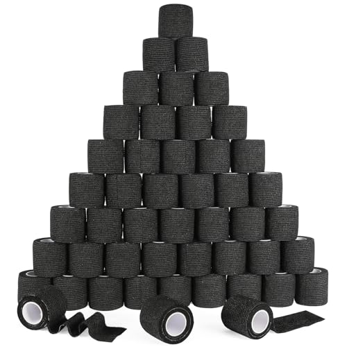 48 Pack Self Adhesive Bandage Wrap, 2” x 5 Yards Cohesive Medical Tape Elastic Grip Tape Black Sports Tape Athletic for Ankle, Wrist Sprains, Pet First Aid (Black) - color: Black