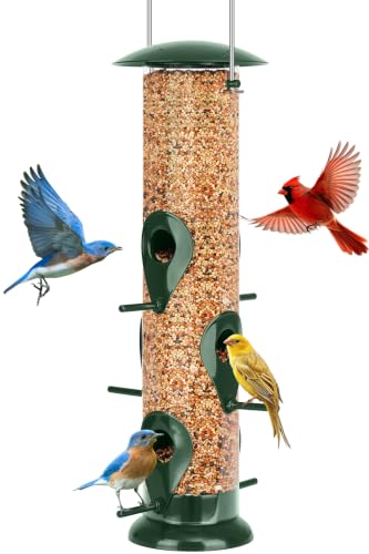 Metal Bird Feeder- 6 Port Tube Feeder for Outdoors with Metal Lid, Easy Fill & Clean, Weather Resistant, 13 Inch