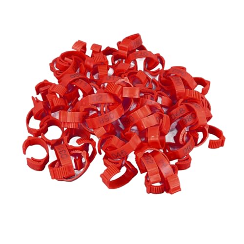 100Pcs Chicken Leg Rings,Bright Color Chicken Identification Bands Clip On Plastic Numbered Poultry Leg Bands for Birds Ducks Goose Gamefowl (100Pcs Red Rings with Number Markers)