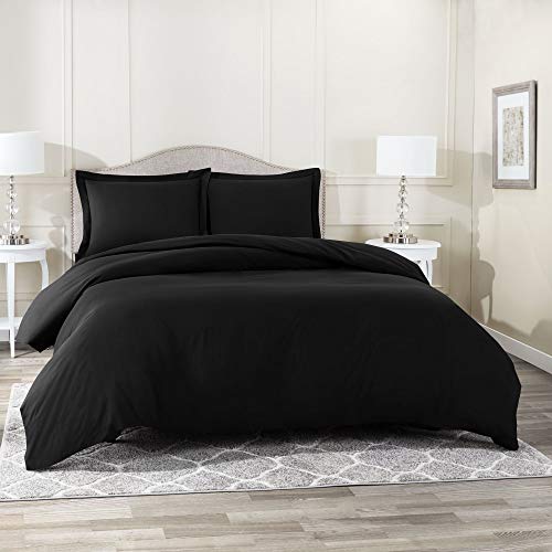 Clara Clark Duvet Cover Ultra Soft Double Brushed Microfiber - Comforter Cover with Button Closure and 2 Pillow Shams, Black, Full - 80"x90" - color: Black, size: Full