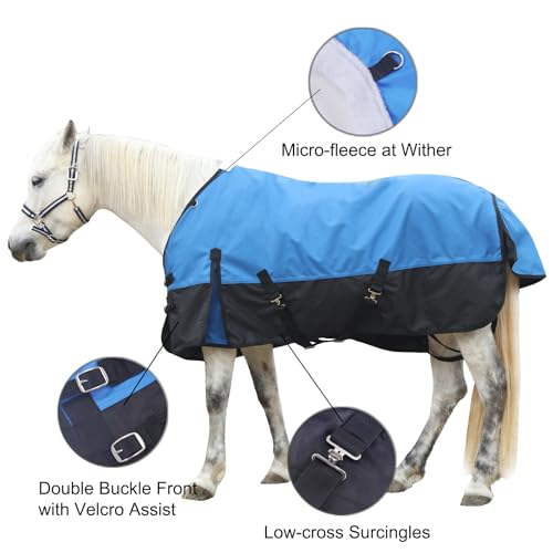1200D Horse Blanket, 0g No-Fill Waterproof Turnout Rain Sheet | 1200D Ripstop Outer, Waterproof Breathable Shell, Anti-Rub Lining, 0g No-Fill, Keep Dry in Mud & Wet Weather, Large Tail Flap - color: Blue Black, size: 72"