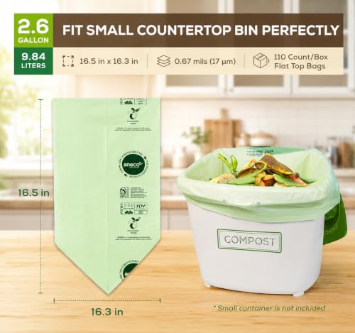 (Include 10 Bonus Bags) ANECO 100% Compostable Waste Bags 2.6 Gallon | Extra Thick Kitchen Small Compost Bags for Countertop Bin, 110 Count (100 + 10 Extra) - color: 2.6 GAL (Flat Top Bags, 100 Count)