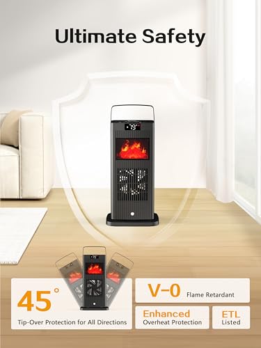 2026 Space Heater 1500W Portable Electric PTC Ceramic | ETL & UL Certified, Fireplace Flame Effect, Oscillating, ECO Mode Temp Control, Indoor Use