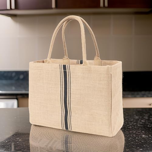 KAF Home Jute Market Tote Bag with Handles, Triple Stripe - color: Triple Stripe