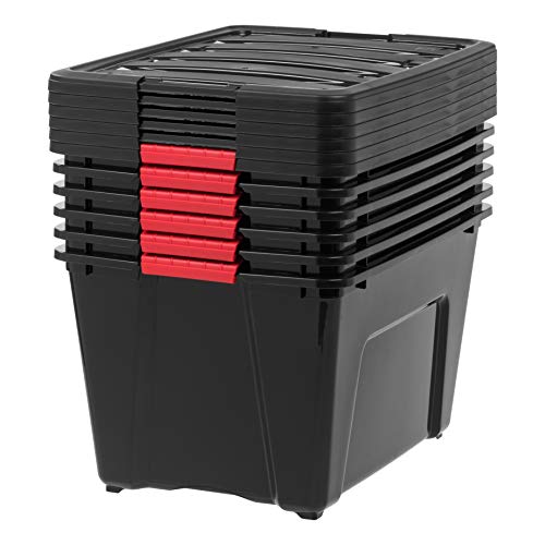 IRIS USA 6-Pack 54 Quart Storage Bins with Lids, Black | Black finish conceals stored items. Perfect for moving, blankets, clothing, and garage storage. Nestable design saves space - size: 54 Qt, style: 6 Pack