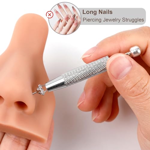 2Pcs Piercing Ball Grabber Tool for Changing Jewelry, Stianless Steel Flat Back Earring Applicator Internally Threaded Push Pin Piercing Grabber Tool - color: Silver-2pcs