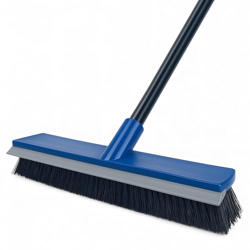 16 Inch 2-in-1 Squeegee Push Broom Outdoor Deck Brush 58" Long Handle for Patio Garage Warehouse Driveway Concrete Floor Cleaning Scrubbing(Blue)