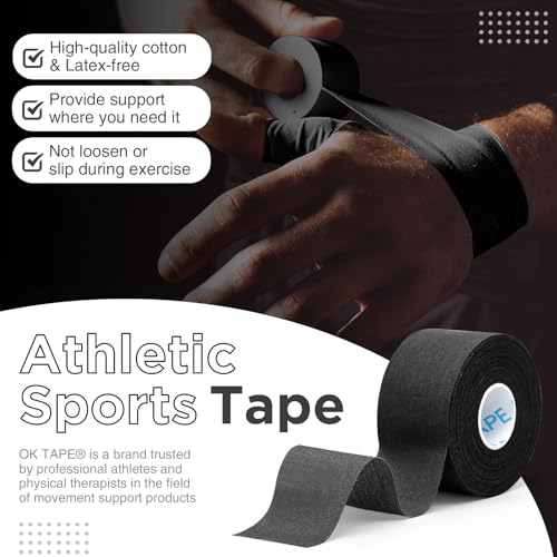 OK TAPE 4 Rolls Black Athletic Tape, Sports Tape, Very Strong, Easy Tear | Medical Tape, Wrist Tape, No Sticky Residue, Secure Ankle, Finger, Knee- 1.5inch x 15yards - color: Black-4 Rolls, size: 15 yards