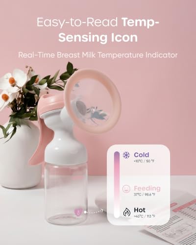 Nuliie 8010 Manual Breast Pump, Adjustable Suction with Temperature-Indicating Bottle, 6oz Wide-Neck Bottle, Narrow-Neck Adapter, Hand Pump Breastmilk with Flanges, BPA-Free, Heat Resistant