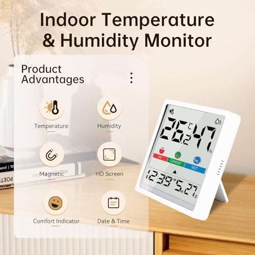 Indoor Thermometer & Humidity Monitor, Digital Home Hygrometer Temperature Gauge, Precise Temperature and Humidity Sensor Meter for House, Terrarium, Incubator, Greenhouse