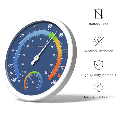 10-Inch Indoor Outdoor Thermometer Hygrometer, Battery-Free, Blue | Dual analog dials, large easy-to-read numbers, monitors temperature and humidity for patio, nursery, storage, or home - color: Blue