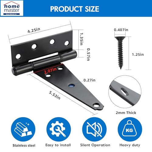 HOME MASTER HARDWARE 6" Heavy Duty Gate Hinges, 4 Pack T Strap Hinges | Stainless Steel T Hinges for Wooden Fences, Shed, Barns, Rotate 270 Degrees, 48LBS Capacity, Included Screws, Black Finish - color: Black, size: 6" - 4pack