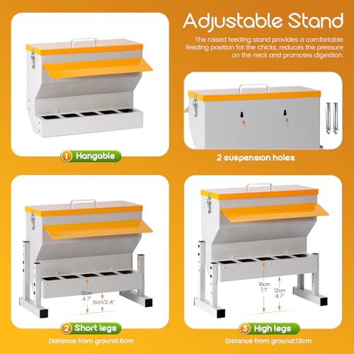 No Waste Automatic Chicken Feeder, 16L Metal Chicken Feeder | Duck Feeder for Outdoor, Large Poultry Feeder with Adjustable Stand & 5 Feeding Ports