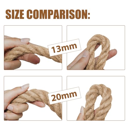 Jute Rope, Natural Hemp Rope, 4-Strand Thick Nautical Ropes (1/2 Inch 49Ft) for Decorative, Crafts, Porch Swing, Hanging, Tug of War, Packing - size: 1/2In - 49Ft