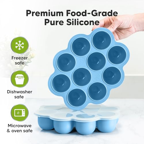 KeaBabies Silicone Food Freezer Trays with Lid, 2oz x 10 Pods (Misty Blue) | Baby Food Storage Containers, Easy Puree Meal Prep, Breast Milk Silicone Freezer Molds, Dishwasher, Microwave Safe, BPA-Free - color: Misty Blue