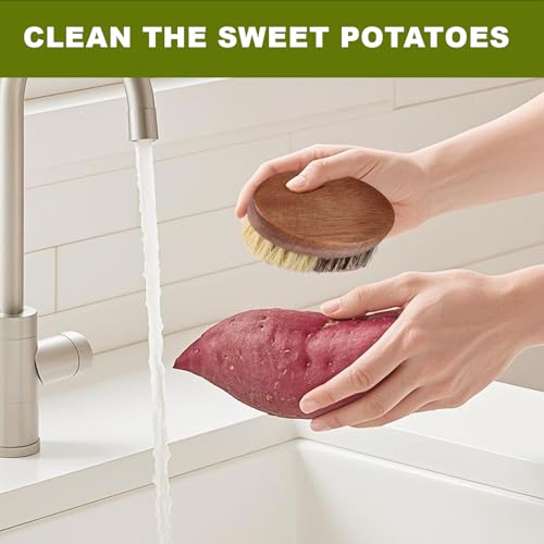 SAMEBUTECO Fruit & Vegetable Cleaning Brushes with Acacia Wood Handle Natural Half Sisal Bristle Half Palm Fibers Bristles Design,Oval Shape Easy Hold,Pack of 2,Brown