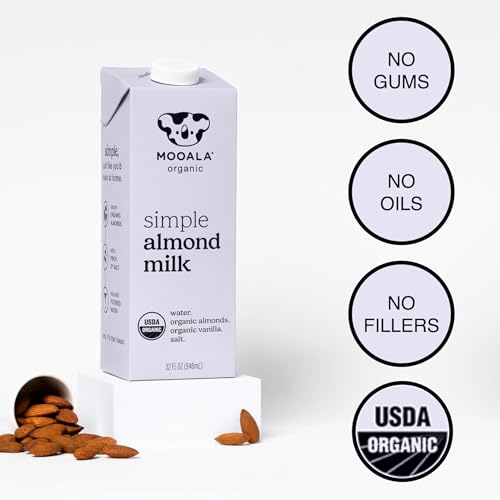 Mooala Organic Simple Almond Milk Vanilla, 32oz - 4 Ingredient, Shelf Stable, No Gums, No Oils, No Fillers, Unsweetened, Non-GMO, No Additives, Dairy Free Plant Based Milk, 6 pack