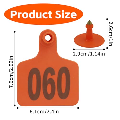 Cattle Ear Tags 001-100 Numbered Large Plastic Livestock Ear Tag,Orange | L3'' x W 2.5'' For Sheep Calf Goat Pig,Animal Id Tags For Ranch & Farm Herd Tracking, Laser Print Clear Numbers,Copper Head - color: Orange, size: 001-100