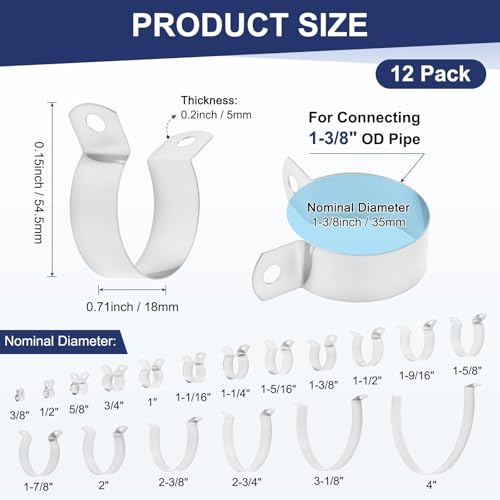 M METERXITY 12-Pack 1-3/8" Brace Bands Chain Link Fence Parts | Galvanized Steel Chain Link Brace Band with Bolts and Nuts for Fence, Gate, Posts, Rust-Resistant [Silver] - size: 1-3/8"