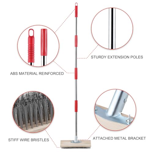 Mitclear Heavy Duty Wire Broom with Telescopic Handle(57IN), Stiff Metal Bristle Brush for Removing Weed Moss, Outdoor Floor Scrub Brush for Patio, Deck, Garden, Concrete, Garage